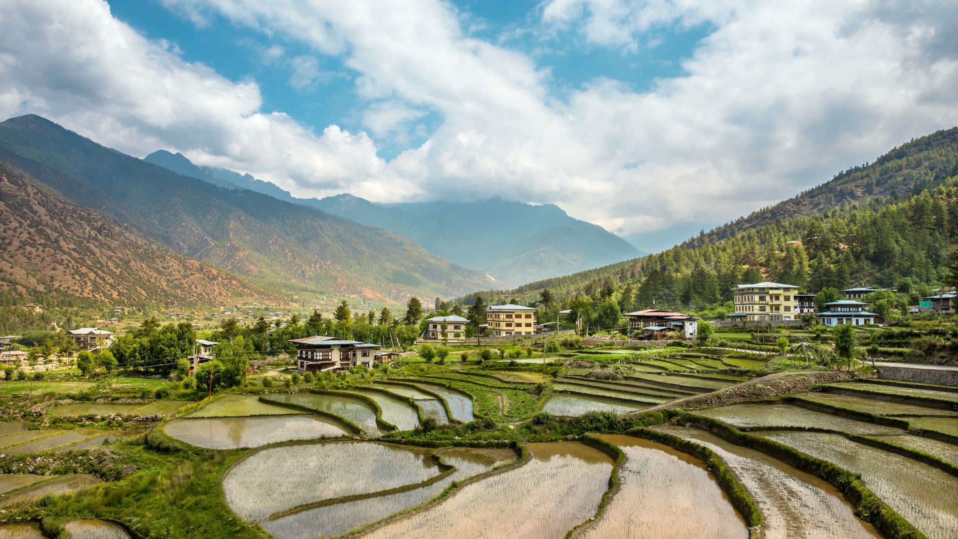 A Large Green Landscape With Buildings And Mountains In The Background