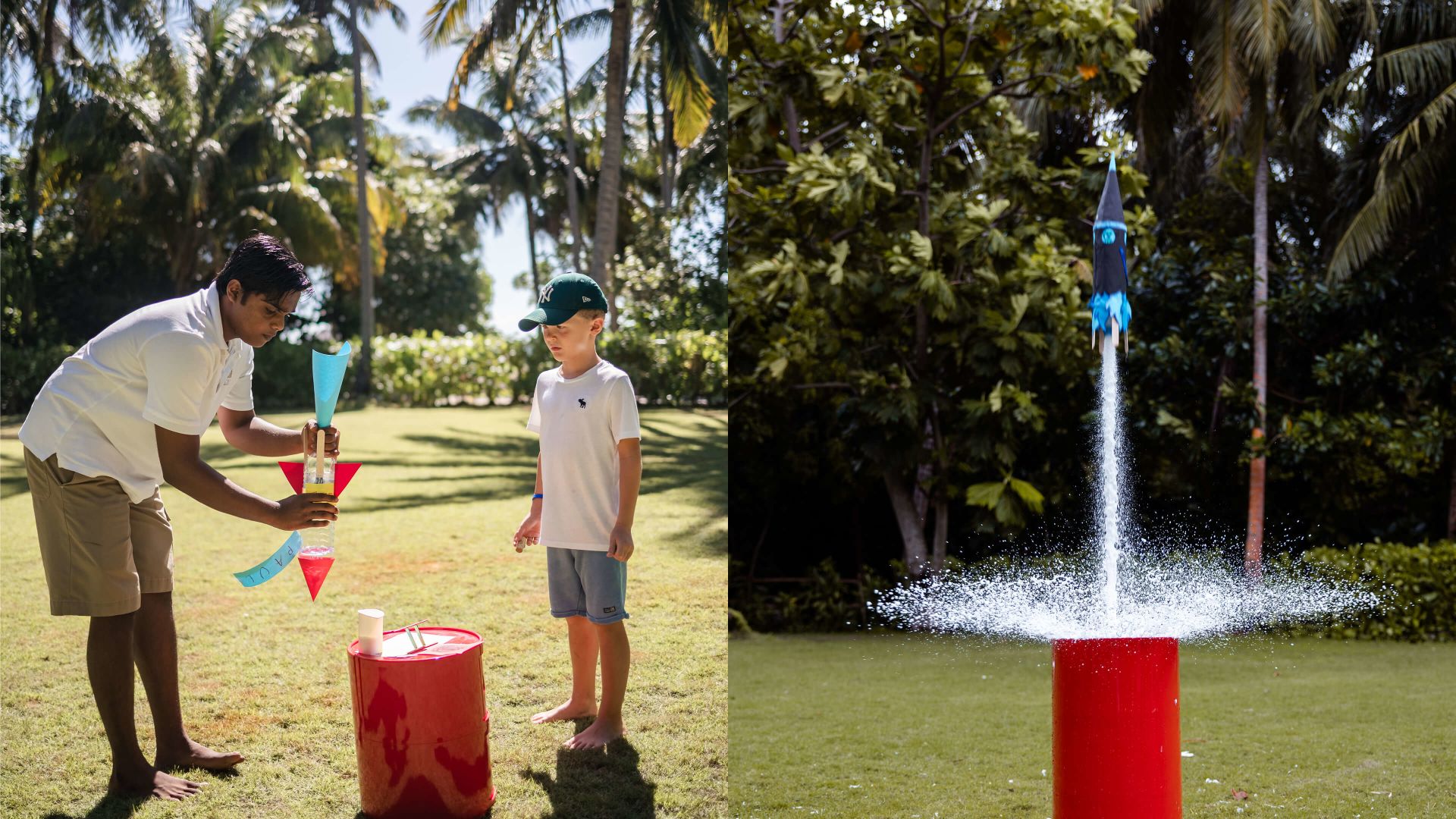 A Person And A Boy Playing With A Water Fountain