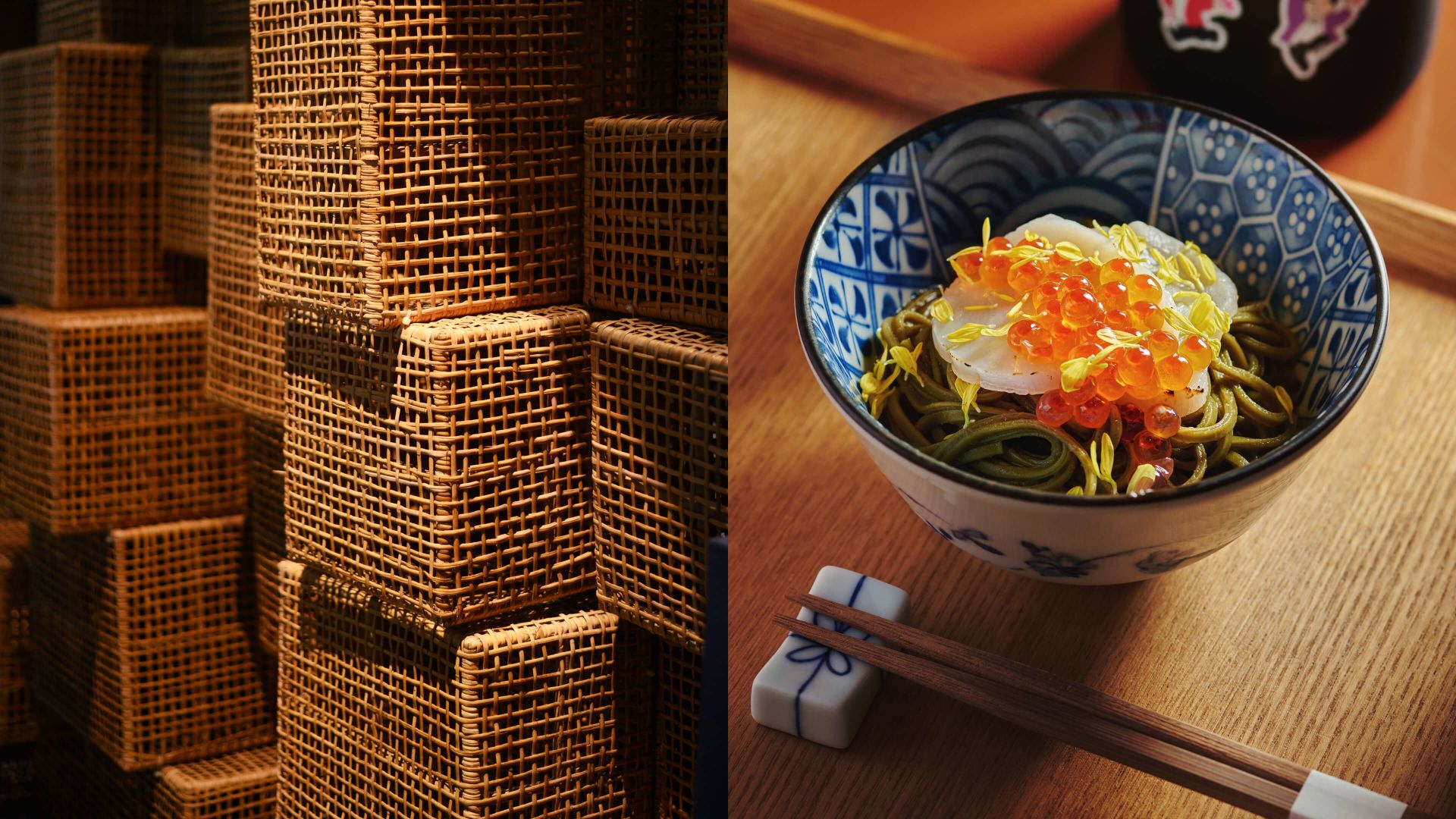 A Bowl Of Soup Next To A Basket Of Bamboo