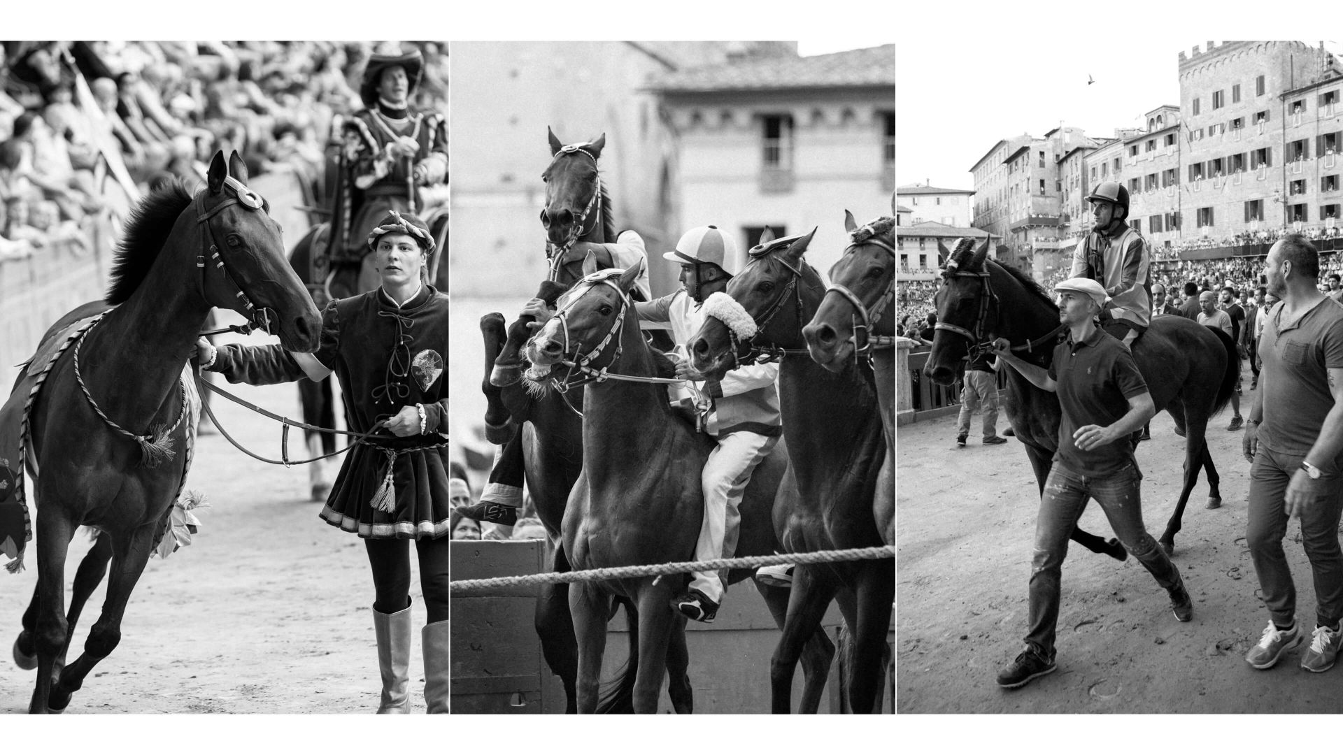 A Group Of People Walking With Horses