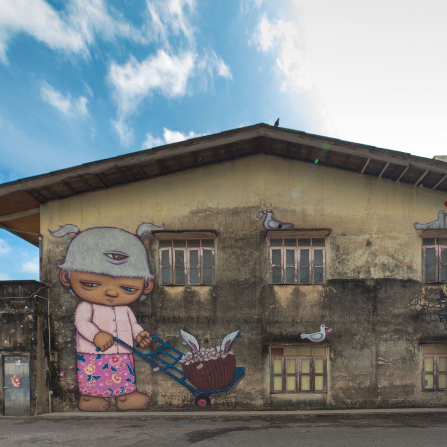 A Cartoon Of A Girl Holding A Guitar In Front Of A Building
