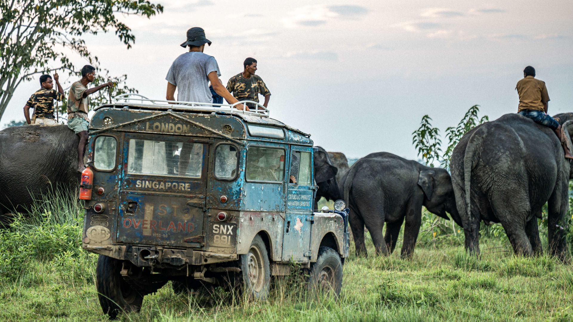 A Group Of People Ride On Top Of Elephants