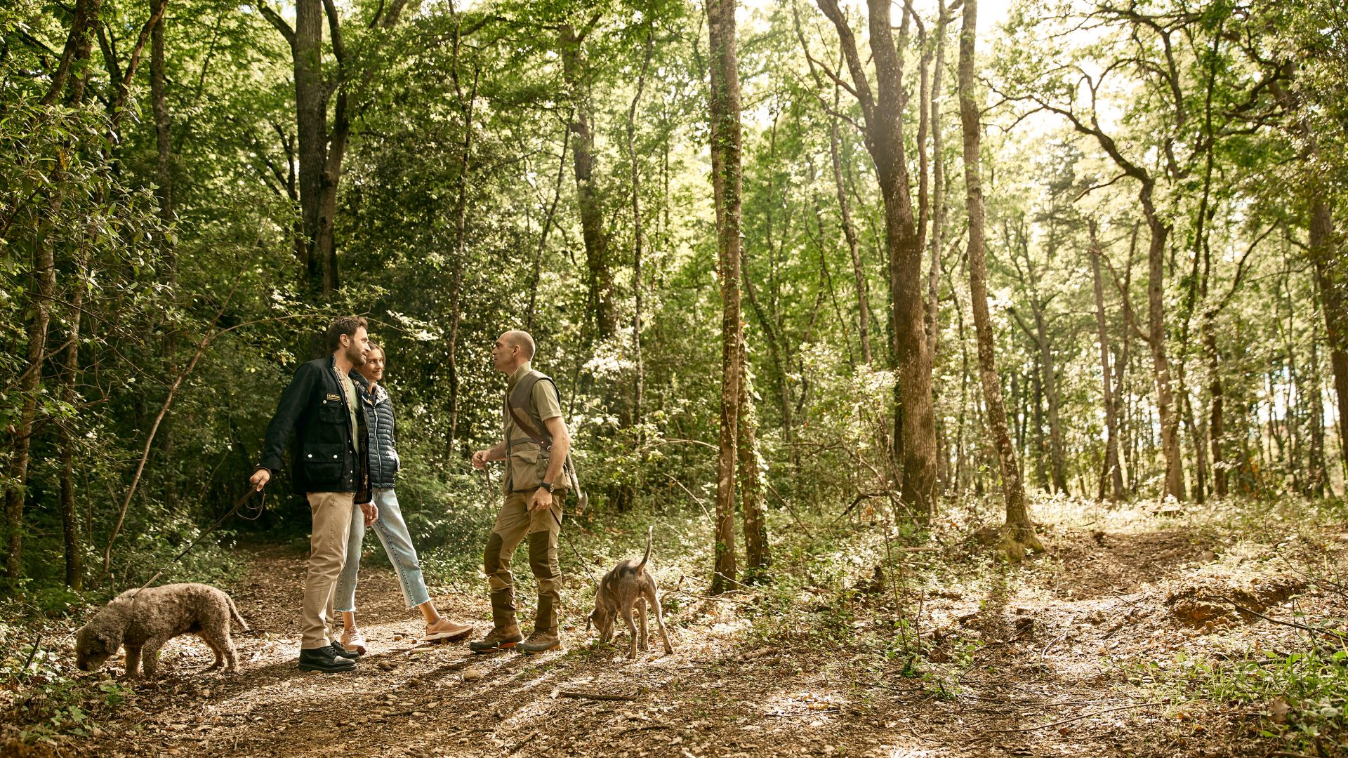 A Man And Woman Walking With Dogs In A Forest