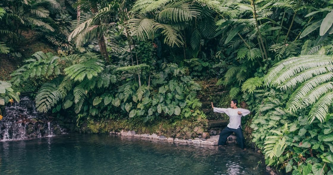 A Person Sitting On A Rock In A River Surrounded By Trees