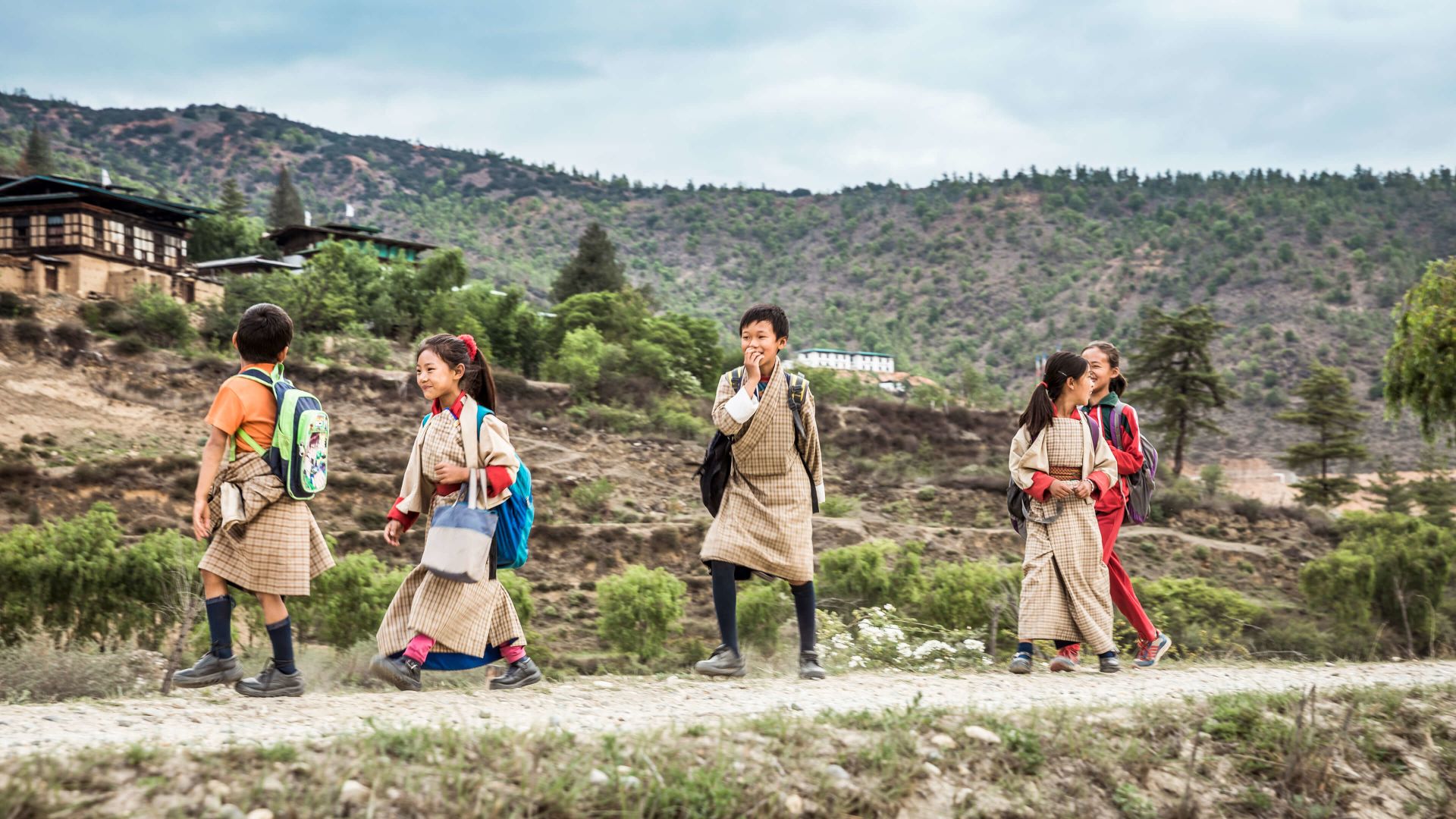A Group Of People Standing On A Hill With Trees And Buildings In The Background