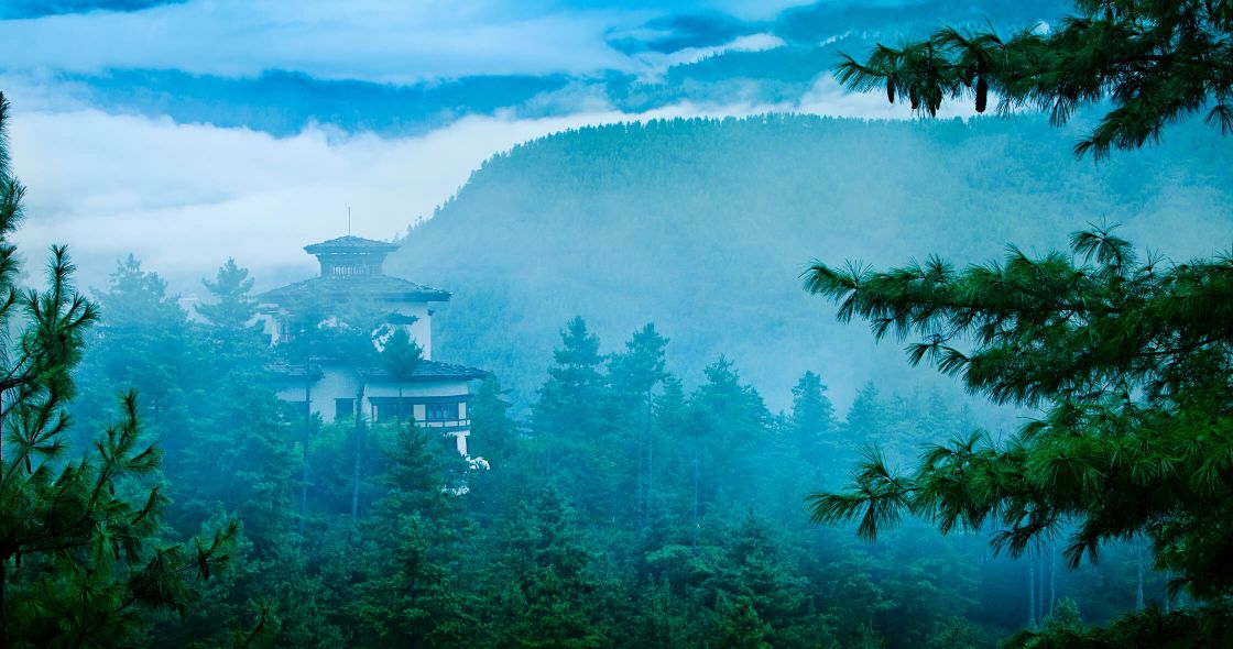 A Building On A Hill With Trees Around It