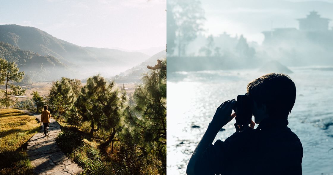 A Man Taking A Picture Of A Lake And A Man Walking On A Path