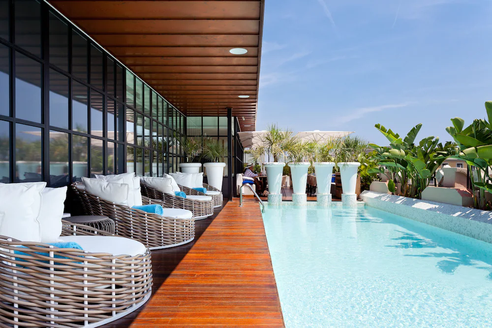 Rooftop pool with views of Barcelona