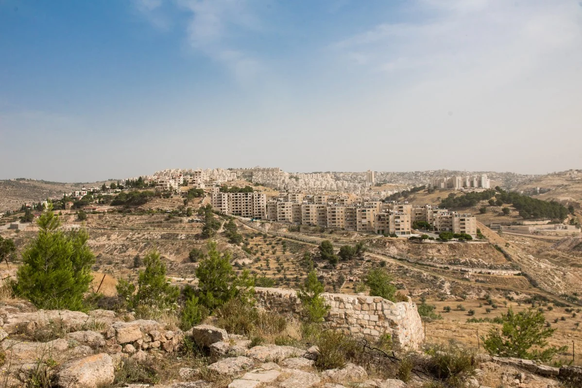 View of Israel and Palestine from near Bethlehem. A piece of barbed wire is visible